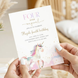 Invitación Cumpleaños mágico pastel unicornio 4 para siempre