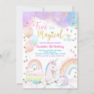Invitación Cumpleaños Mágico Unicornio 5 Años Pastel Arcoíris