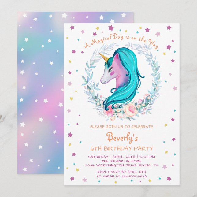 Invitación Cumpleaños mágico unicornio acuarela floral (Anverso / Reverso)