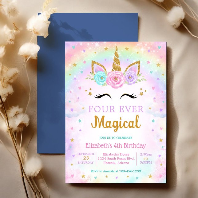 Invitación Cumpleaños mágico unicornio arcoíris 4 para siempr (Subido por el creador)