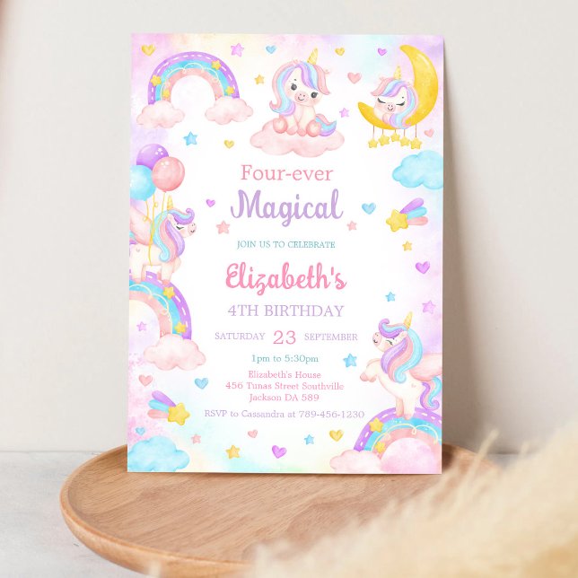Invitación Cumpleaños mágico unicornio arcoíris 4 para siempr (Subido por el creador)