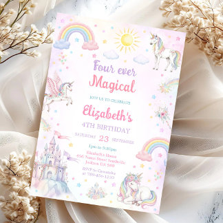 Invitación Cumpleaños mágico unicornio arcoíris 4 para siempr