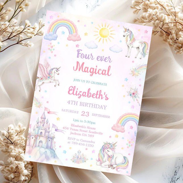 Invitación Cumpleaños mágico unicornio arcoíris 4 para siempr (Subido por el creador)