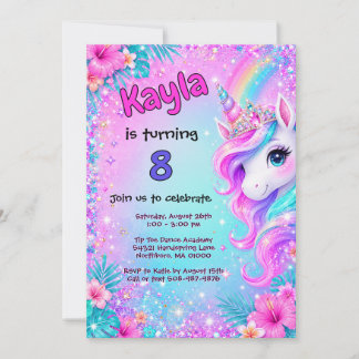 Invitación Cumpleaños Mágico Unicornio Arcoíris Brillante 