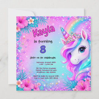 Invitación Cumpleaños Mágico Unicornio Arcoíris Brillo 