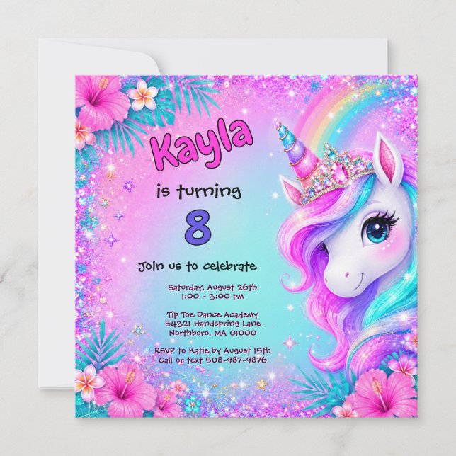 Invitación Cumpleaños Mágico Unicornio Arcoíris Brillo  (Anverso)