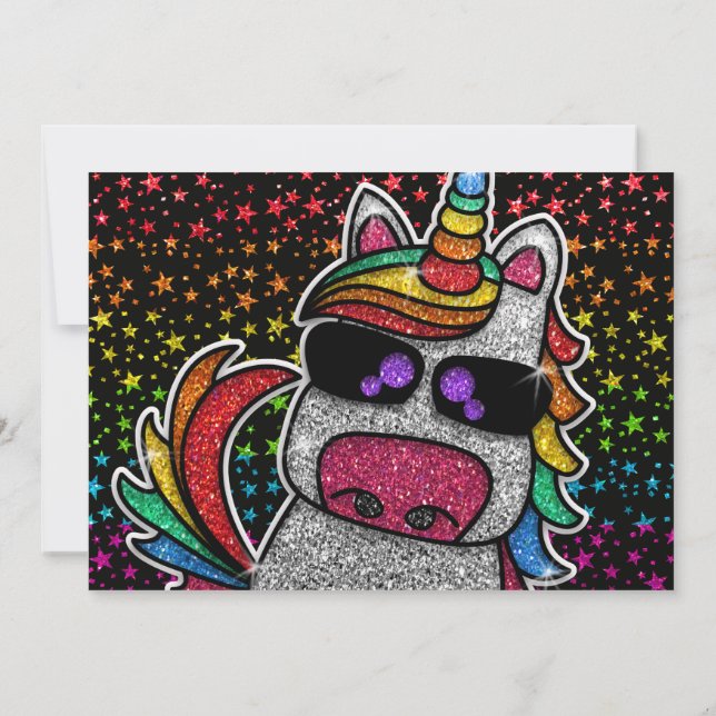 Invitación Cumpleaños Mágico Unicornio Arcoíris Brillo Capric (Reverso)