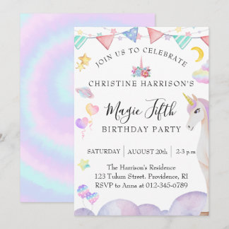 Invitación Cumpleaños Mágico Unicornio de Niña Cinco Años