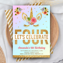 Invitación Cumpleaños Mágico Unicornio de Purpurina Dorada 4