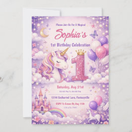 Invitación Cumpleaños Mágico Unicornio Fantasía 1er