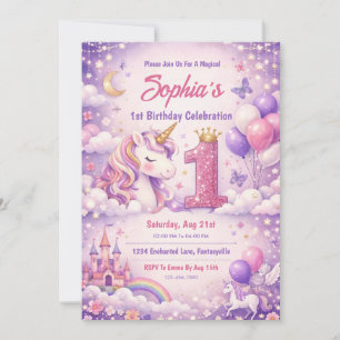 Invitación Cumpleaños Mágico Unicornio Fantasía 1er