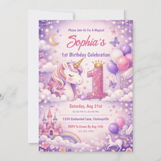 Invitación Cumpleaños Mágico Unicornio Fantasía 1er (Anverso)