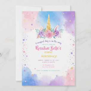 Invitación Cumpleaños Mágico Unicornio Fiesta Rosa Arcoíris