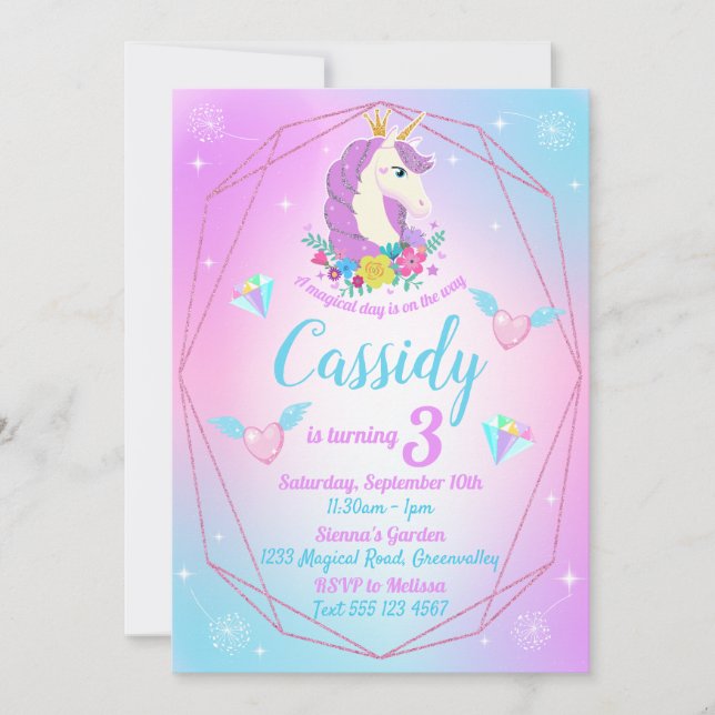 Invitación Cumpleaños Mágico Unicornio Glitter Arcoíris (Anverso)
