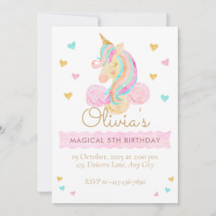 Invitación Cumpleaños Mágico Unicornio Pastel Niñas Lindas