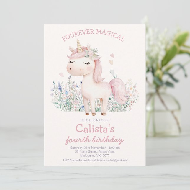 Invitación Cumpleaños Mágico Unicornio Rosa Pastel Fourever (Anverso de pie)