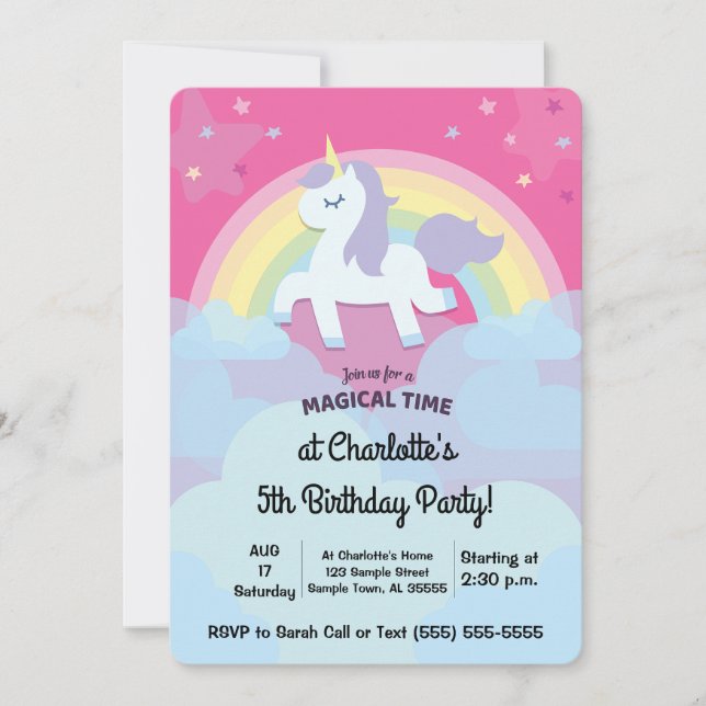 Invitación Cumpleaños mágico y personalizado de unicornio con (Anverso)