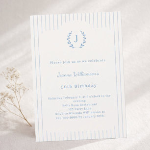 Invitación Cumpleaños Marfil Polvo de Azul con Rayas тонкими