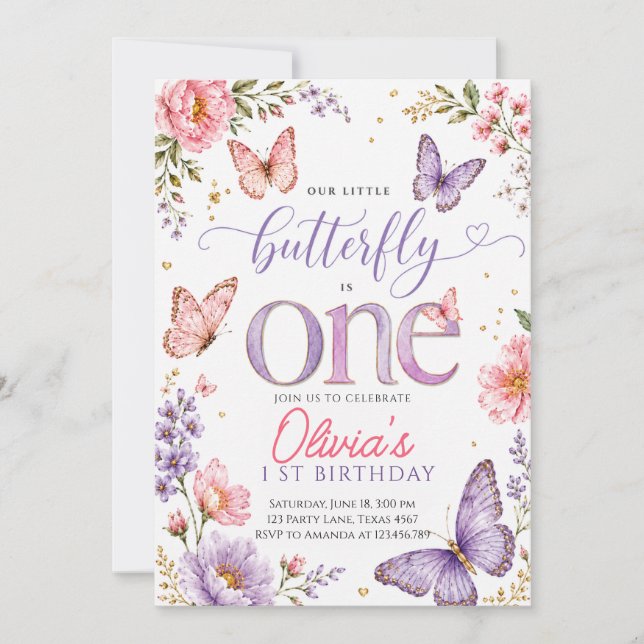 Invitación Cumpleaños Mariposa Acuarela Rosa 1er (Anverso)