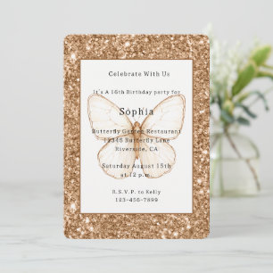 Invitación Cumpleaños Mariposa Blanca Brillo Falso Dorado
