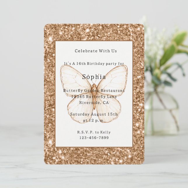 Invitación Cumpleaños Mariposa Blanca Brillo Falso Dorado (Anverso de pie)