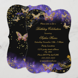 Invitación Cumpleaños Mariposa Brillo Oro Negro Morado