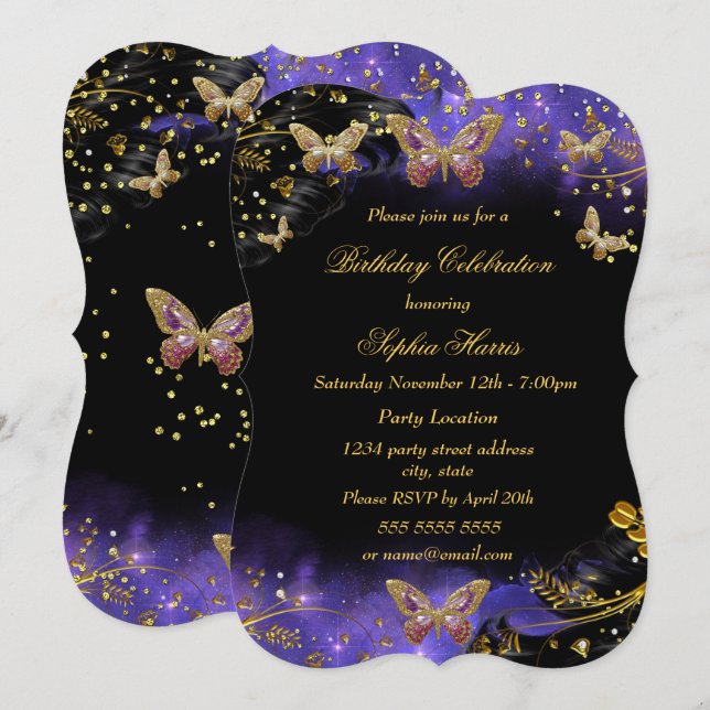 Invitación Cumpleaños Mariposa Brillo Oro Negro Morado (Anverso / Reverso)