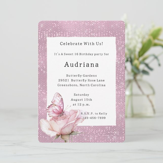 Invitación Cumpleaños Mariposa Brillo Rosa Desvanecido (Anverso de pie)