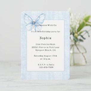 Invitación Cumpleaños Mariposa de Lino Azul Falso