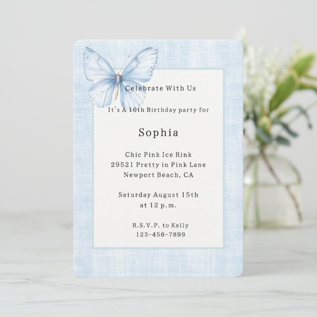 Invitación Cumpleaños Mariposa de Lino Azul Falso   (Anverso de pie)