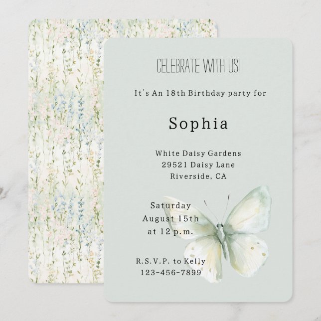 Invitación Cumpleaños Mariposa de Menta (Anverso / Reverso)