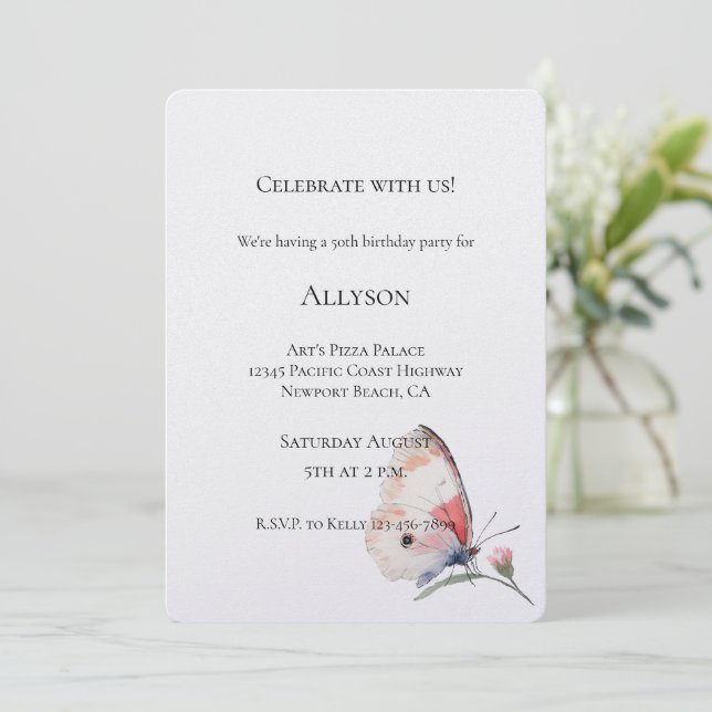 Invitación Cumpleaños Mariposa Floral Melocotón Rubor (Anverso de pie)
