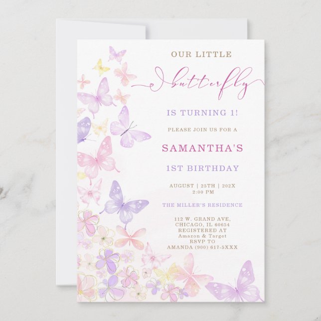 Invitación Cumpleaños Mariposa Floral Morado Rosa (Anverso)