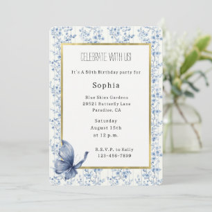 Invitación Cumpleaños Mariposa Flores Blancas Azules Hermosas