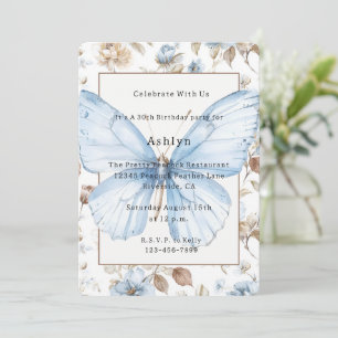 Invitación Cumpleaños Mariposa Marrón Flores Azules Romántica