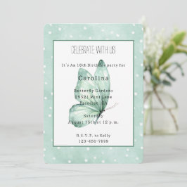 Invitación Cumpleaños Mariposa Menta Puntos Blancos