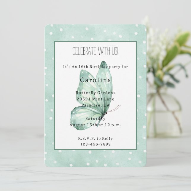 Invitación Cumpleaños Mariposa Menta Puntos Blancos (Anverso de pie)