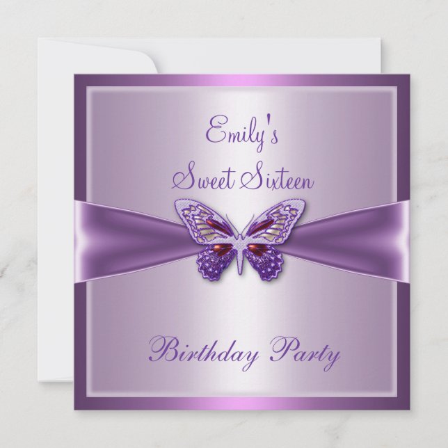 Invitación Cumpleaños Mariposa Morado Malva Dulces Dieciséis  (Anverso)