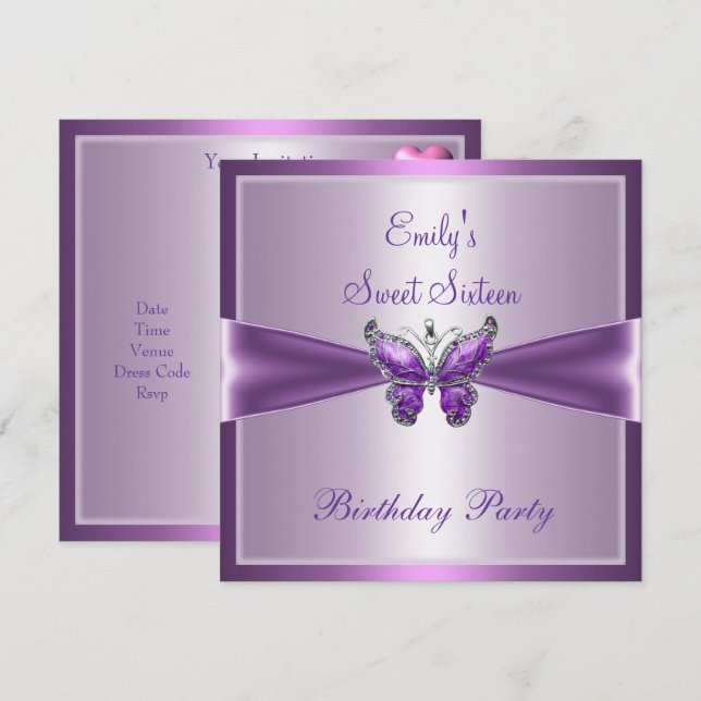 Invitación Cumpleaños Mariposa Morado Malva Dulces Dieciséis  (Anverso / Reverso)