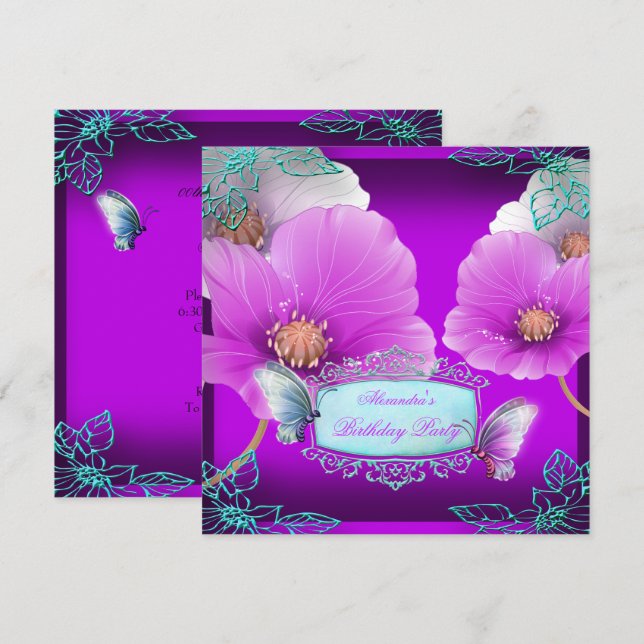 Invitación Cumpleaños Mariposa Morado Rosa Verde Azul 2 (Anverso / Reverso)