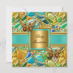 Invitación Cumpleaños Mariposa Mosaico Dorado Azul Acuático
