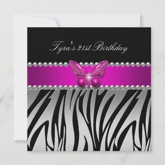 Invitación Cumpleaños Mariposa Negra Plateada de Pink Zebra (Anverso)