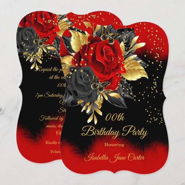 Invitación Cumpleaños Mariposa Rosa Roja Floral Oro (Anverso / Reverso)