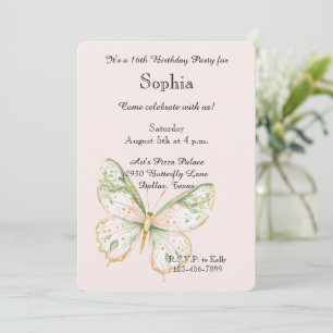 Invitación Cumpleaños Mariposa Rosa Rubor Verde Menta Dorado