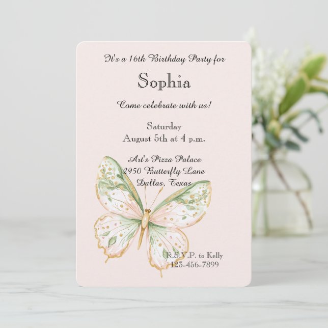 Invitación Cumpleaños Mariposa Rosa Rubor Verde Menta Dorado (Anverso de pie)