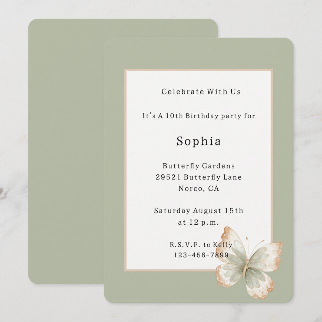 Invitación Cumpleaños Mariposa Verde Crema Tostada  (Anverso / Reverso)