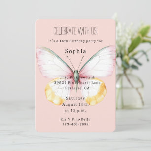 Invitación Cumpleaños Mariposa Verde Mint Blanco Amarillo Ros