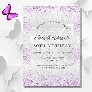 Invitación Cumpleaños mariposa violeta plateada lujo