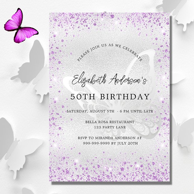 Invitación Cumpleaños mariposa violeta plateada lujo (Subido por el creador)