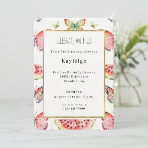Invitación Cumpleaños Mariposas Azules Sandía Roja Verde